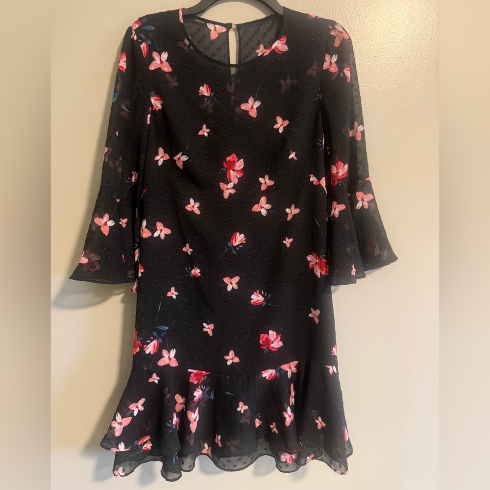 Eliza J Black Pink Floral Chiffon Ruffle hem Swiss dot 3/4 bell sleeve size 6 - Picture 2 of 13